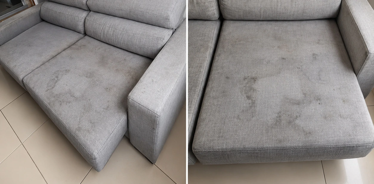 Sofá claro antes da higienização em múltiplos detalhes